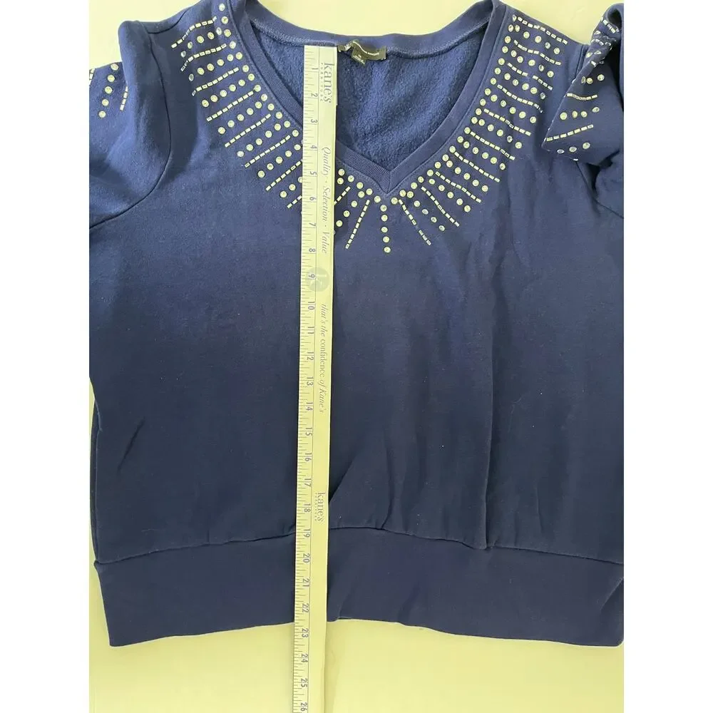 INC International Concepts Navy Rhinestone Embellished V-Neck Sweatshirt Top 1X